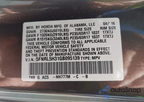 2016 Honda Odyssey Se from USA, damaged, VIN 5FNRL5H31GB095139